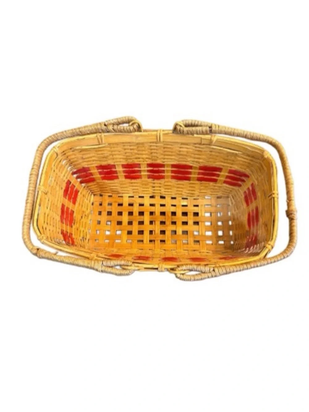 Hand Woven Wicker Basket Double Swing Handles Harvest Basket Red Accent Picnic